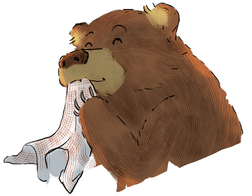 A bear with a sweetly satisfied smile, wiping its mouth on what appears to be a stolen, ragged picnic blanket.