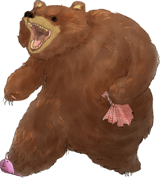 The game's antogonist, a grizzly bear, stands upright and bares sharp teeth. Its mouth is open, eyes narrowed. In one paw is a torn picnic blanket. On one foot is a pink bunny slipper, presumably stolen from a game character.