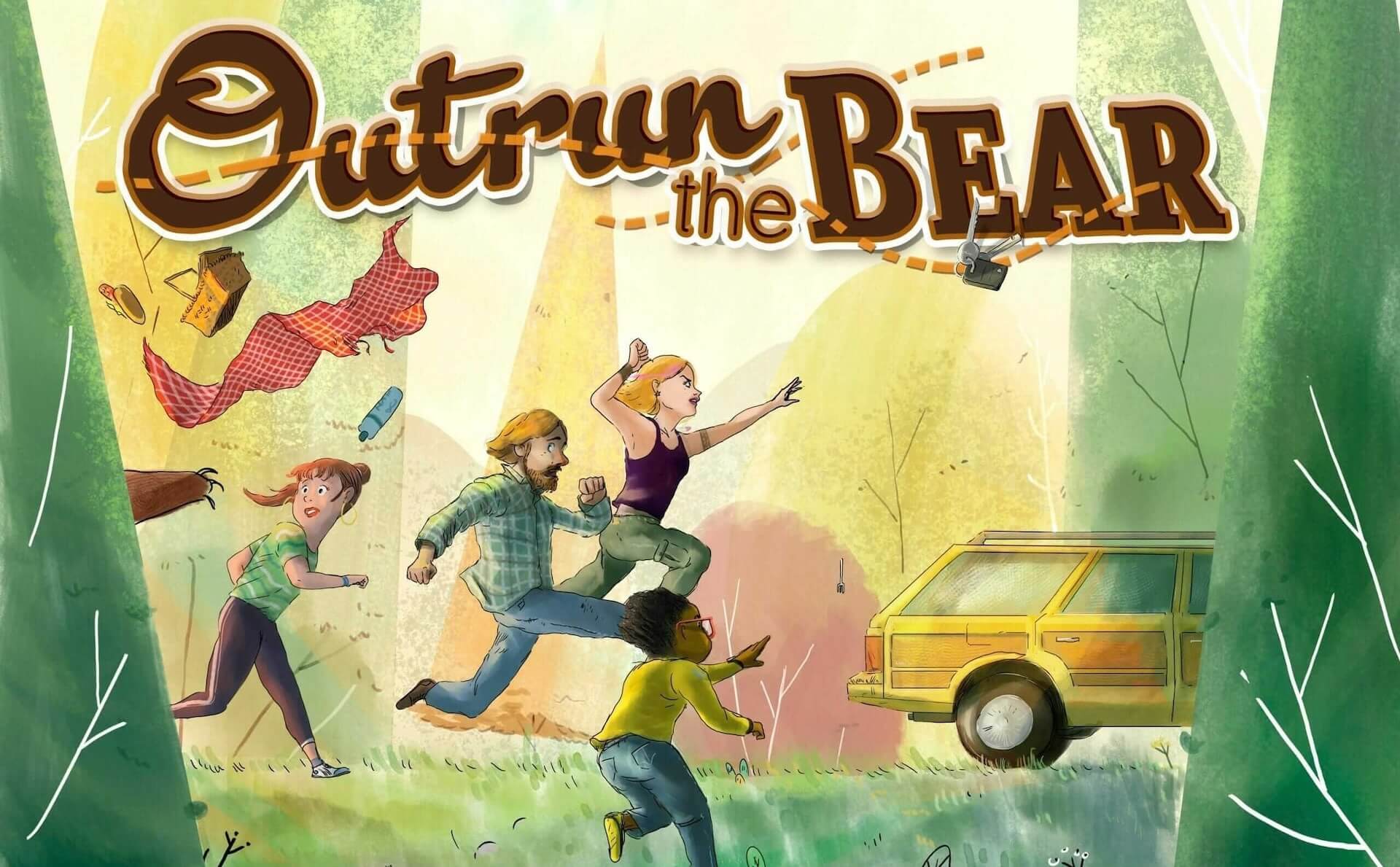 Colorful illustration of several game characters runnning, frightened, towards a retro station wagon while a bear's paw reaches toward them from the left side of the scene.
